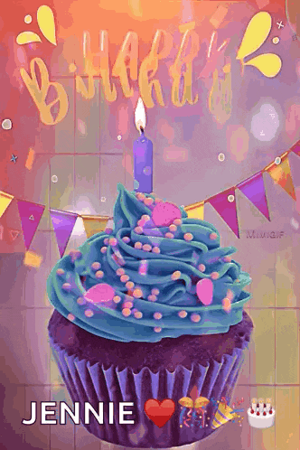 a purple cupcake with blue frosting and a candle with the name jennie on it