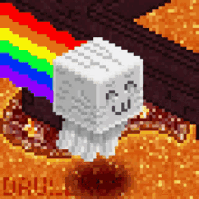 a pixel art drawing of a ghost with a rainbow behind it