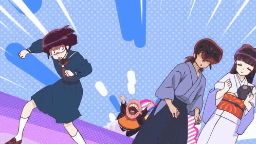 a girl in a school uniform is standing next to a man in a kimono and a woman in a kimono