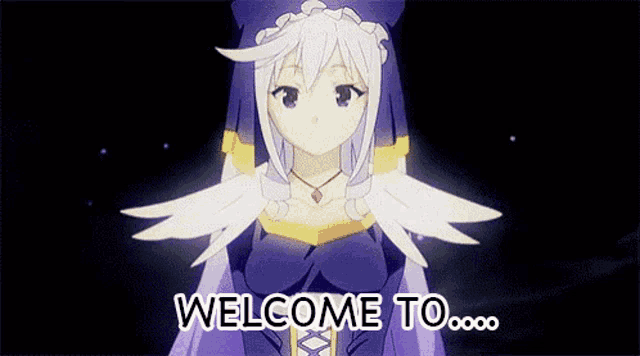 a girl in a purple dress is saying welcome to