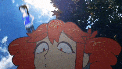 a cartoon of a girl with red hair is looking up at the sky