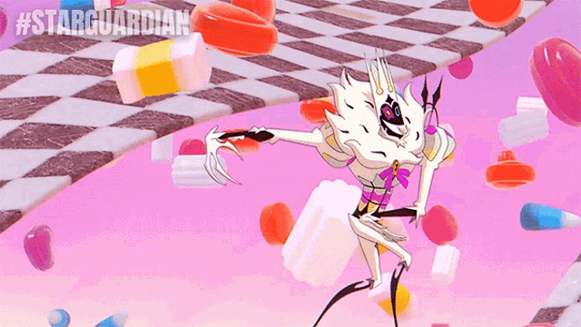 a cartoon character is surrounded by candy and the hashtag #starguardian is on the bottom right