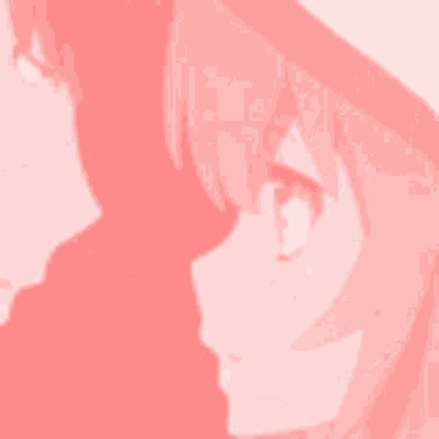 a boy and a girl are standing next to each other in a pink anime scene .