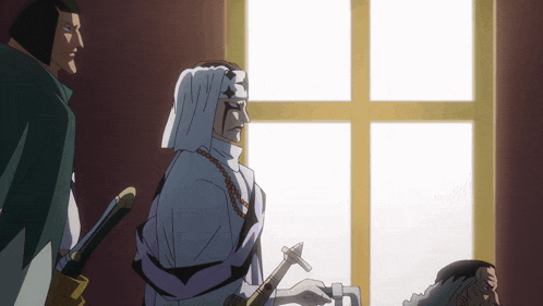 a man in a white robe is holding a sword in his hand
