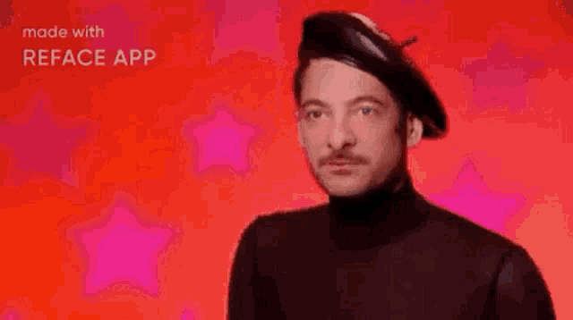 a man wearing a beret and a turtleneck is making a face .