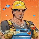 a man wearing a hard hat is holding a blue toolbox .