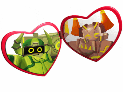 two hearts with a green robot and a brown robot inside