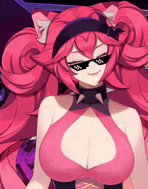 a girl with pink hair and sunglasses is smiling