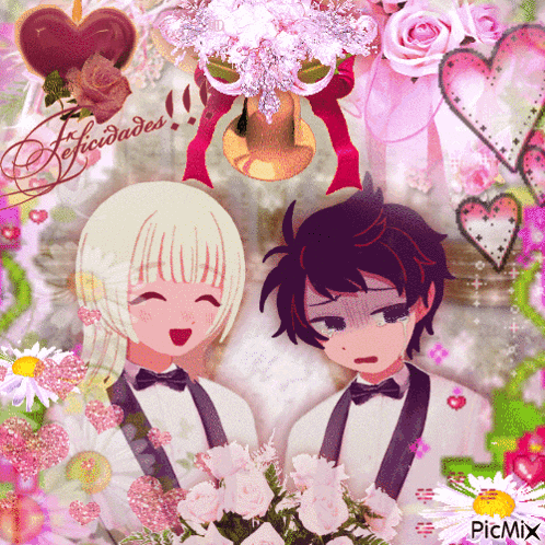 a picture of a boy and a girl with flowers and felicidades written on the top