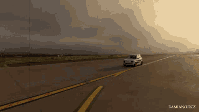 a white car is driving down a runway with damiankurcz written below it