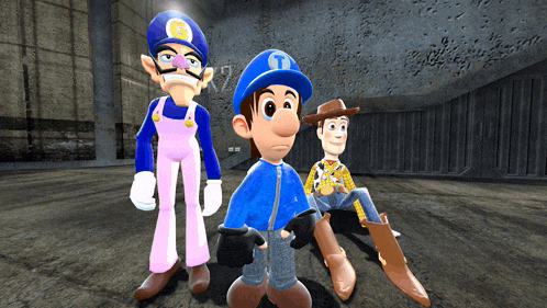 three cartoon characters standing next to each other with one wearing a hat with the letter t on it