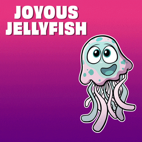 a cartoon jellyfish with the caption joyous jellyfish