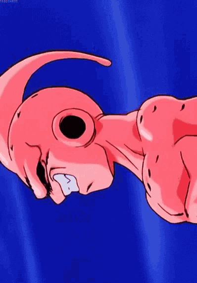 a close up of a pink cartoon character with red eyes and a blue background .