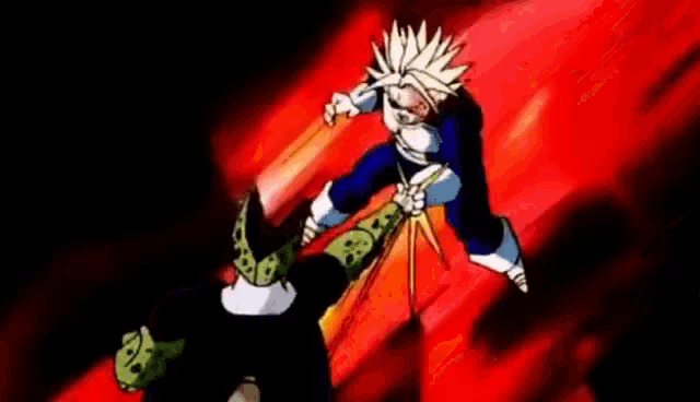 a cartoon character is fighting another cartoon character in a battle with a sword .