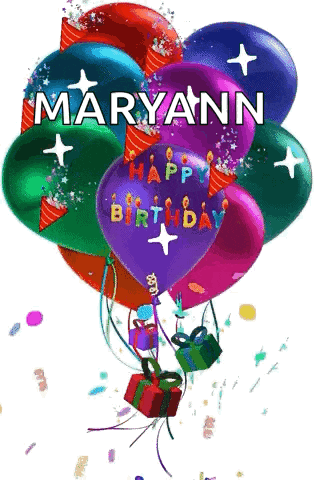 a bunch of birthday balloons with the name maryann written on them