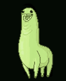 a pixel art illustration of a green llama with a big smile on its face .