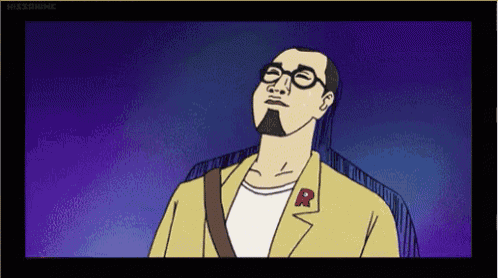 a cartoon of a man with glasses and a red r pin on his jacket