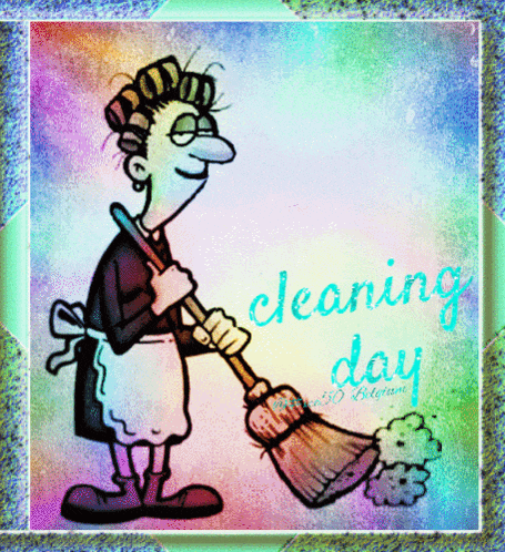 a cartoon of a woman holding a broom with the words " cleaning day " on the bottom