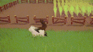 two rabbits are standing in a grassy field with a fence in the background