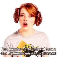 a woman with a surprised look on her face says i 'm a member of the imperial senate on a diplomatic mission