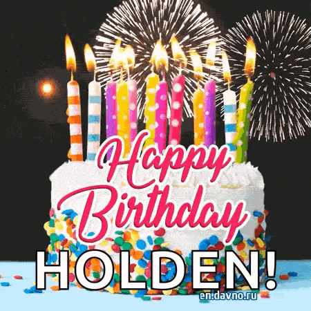 a happy birthday holden greeting card with a cake and fireworks .
