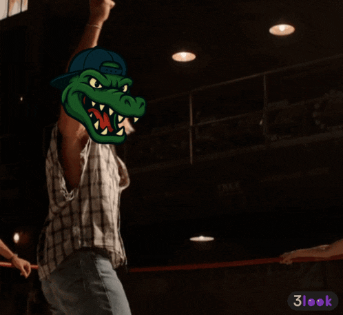 a man in a plaid vest with a cartoon alligator on his face