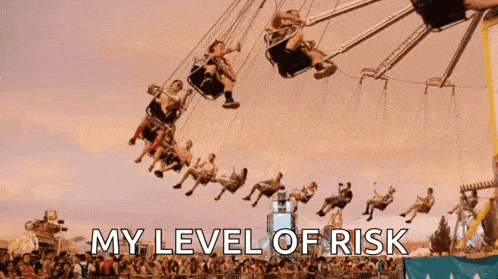 a group of people are riding a merry go round at an amusement park with the words " my level of risk " above them