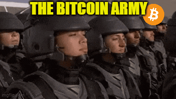 a group of soldiers standing in a line with the words " the bitcoin army " written above them