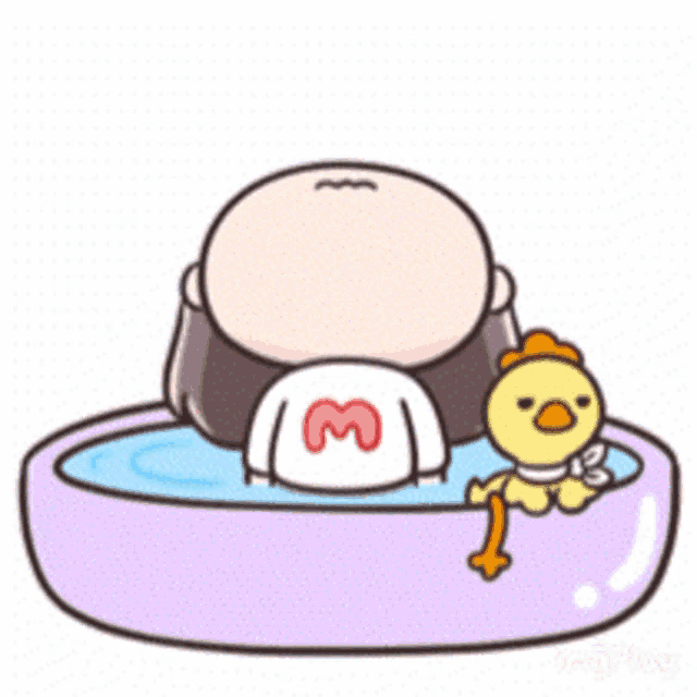 a cartoon character with the letter m on his shirt is in a bathtub