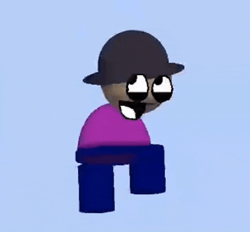a cartoon character wearing a hat and a purple shirt is sitting on a blue chair .