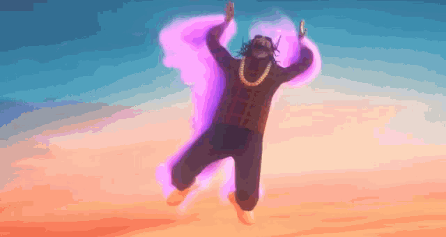 a man is jumping in the air with his arms outstretched .