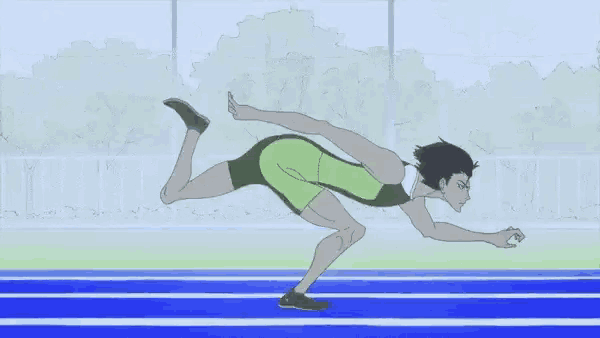 a cartoon of a man jumping over a blue track .