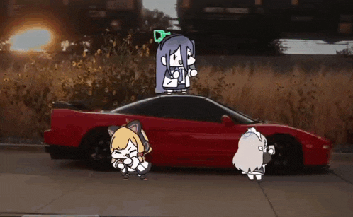 a cartoon of a girl standing on top of a red sports car .