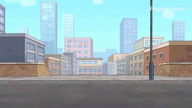 a cartoon drawing of a city with the website itspony.com