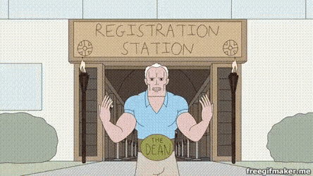 a cartoon man is standing in front of a registration station