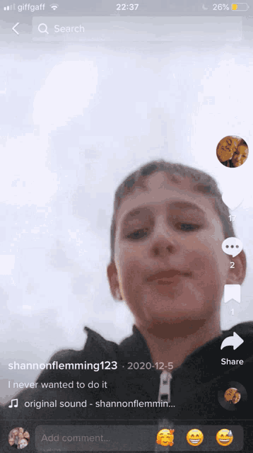 a screenshot of shannonflemming123 's tiktok showing a boy 's face