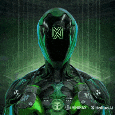 a green robot with a black helmet and a green logo on it