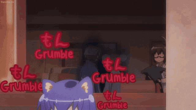 a cartoon character with a cat 's head stands in front of a sign that says grumblo