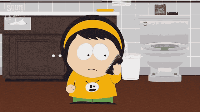 a south park character talking on a cell phone in front of a toilet