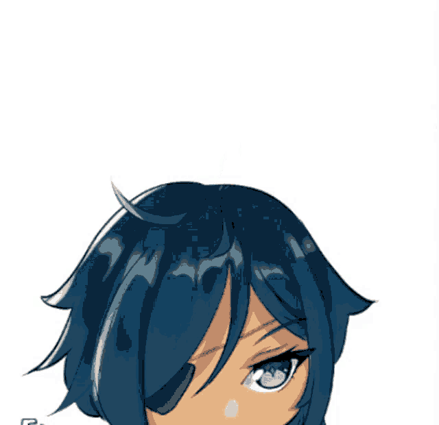 a drawing of a girl with long blue hair