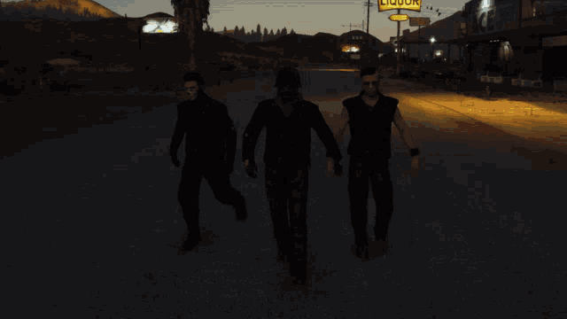 three men are walking down a street in front of a liquor store