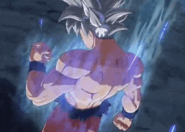 a cartoon character is standing in a dark room with a purple light coming out of his back .
