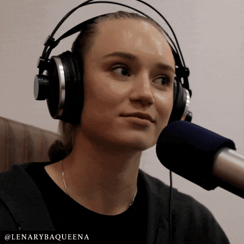 a woman wearing headphones sits in front of a microphone with the name lenarybaqueena on the bottom right