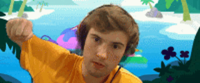 a man wearing headphones is standing in front of a tropical scene