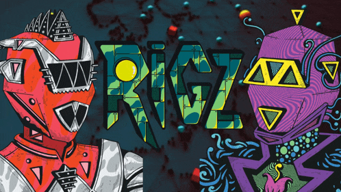 the word riz is on a blue background with a robot