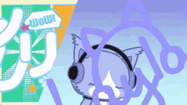 a cartoon drawing of a cat with headphones and a wow sign