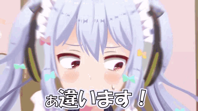 a girl with headphones and a bow on her head says ' i 'm sorry ' in chinese