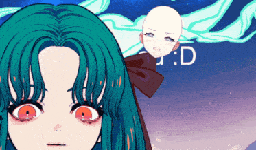 a drawing of a girl with blue hair and red eyes with the letter d in the corner