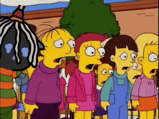 a group of cartoon characters are standing together with their mouths wide open