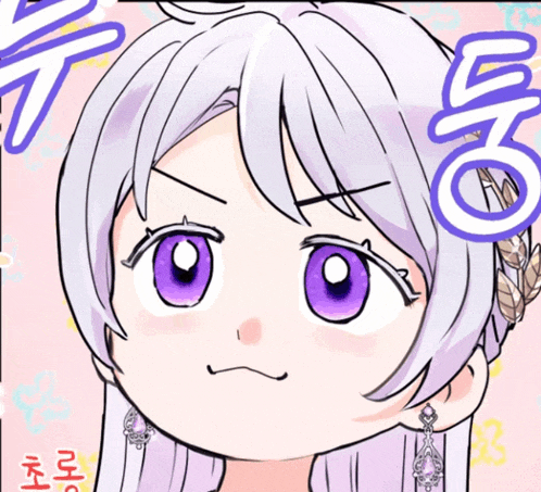 a cartoon drawing of a girl with purple eyes and the letters o on the bottom
